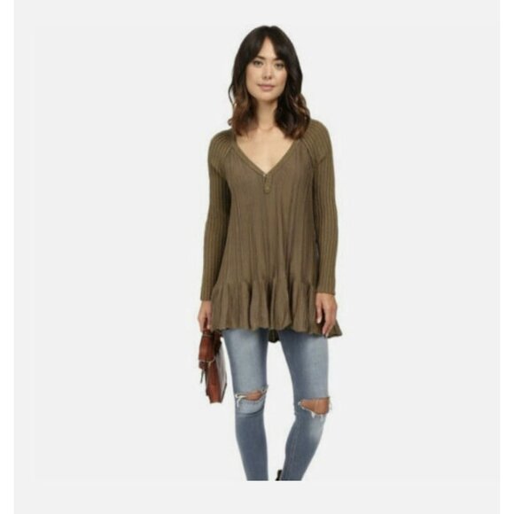 FREE PEOPLE Ribs and Ruffles Olive Green Long Sleeve Tunic Sweater Top Dress S - Picture 1 of 8